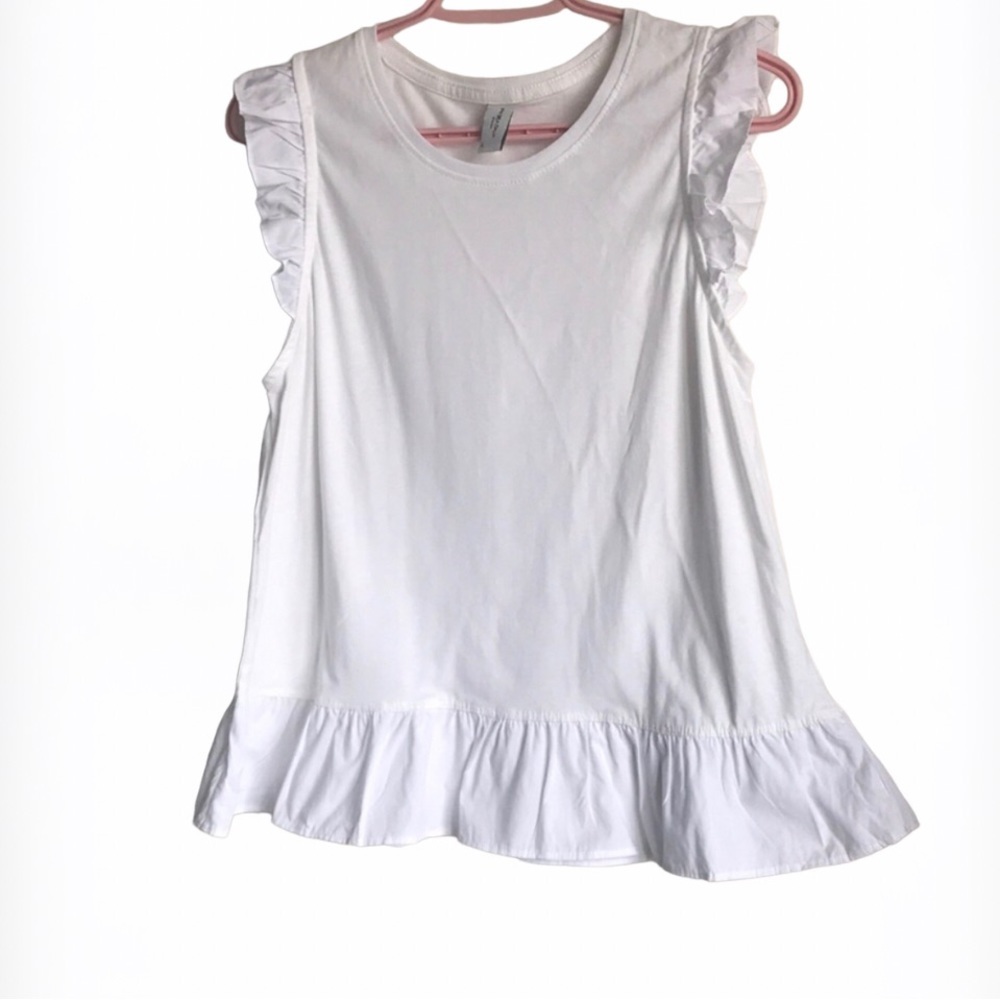 PIAZZA ITALIA Neutral Ruffed Cotton Short Sleeve Top Sz L